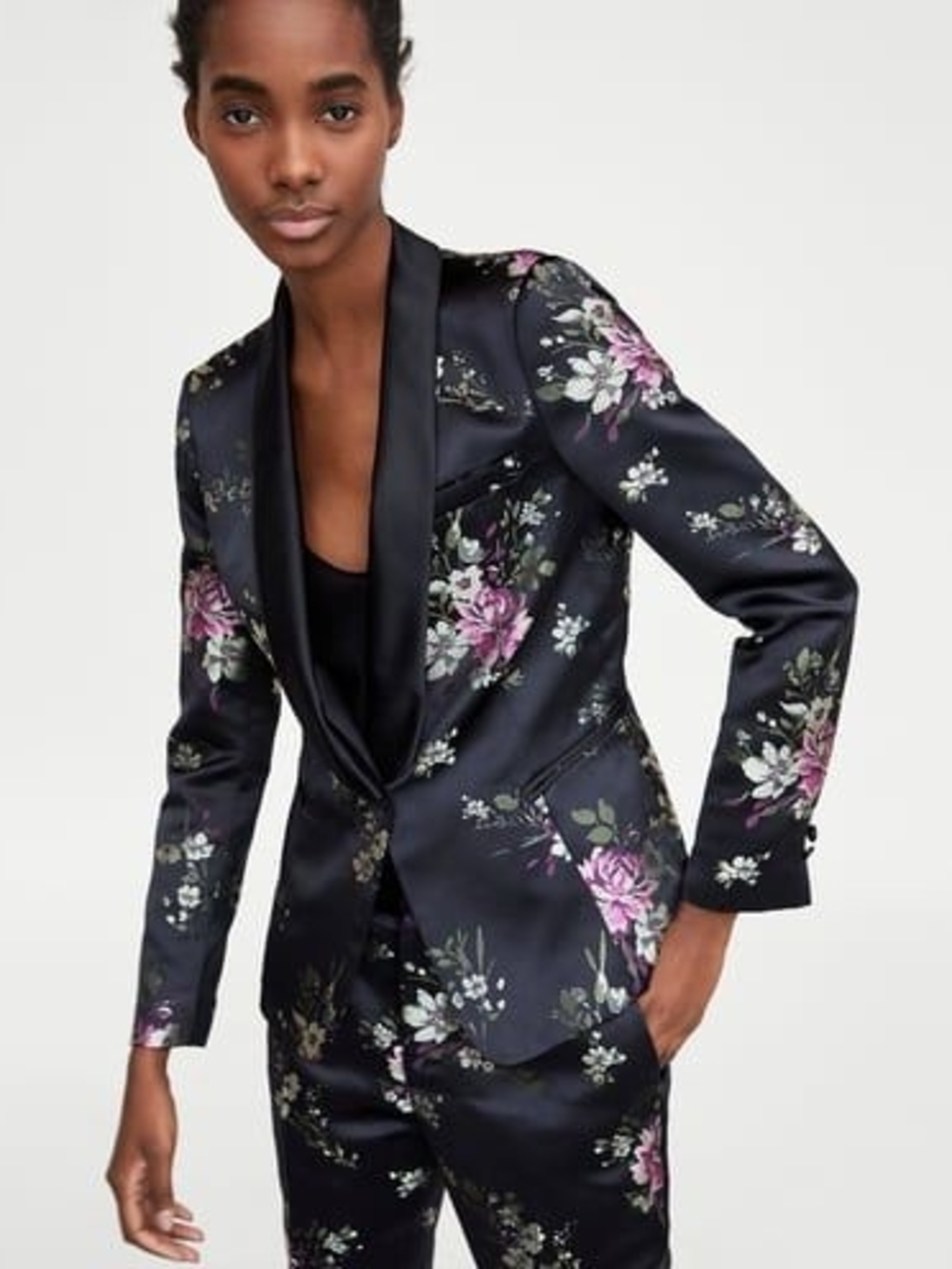 Zara Black Satin Floral Blazer with Pink & Green Accents